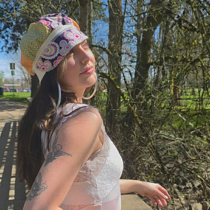 The Spring Purple Floral, green, and orange Upcycled cotton from material used for masks (98% cotton)