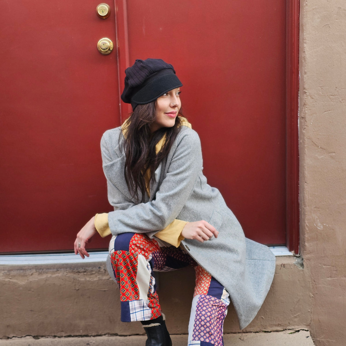 Black on black Upcycled Sweater Newsboy cap
