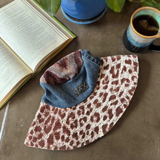 Cheetah warm tone Sun hat with upcycled denim jeans