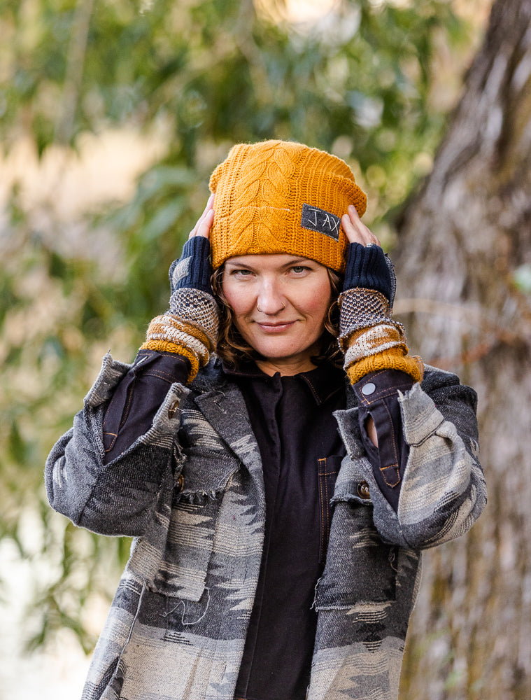 Upcycled mix Mustard and Navy sweaters Fingerless texting gloves