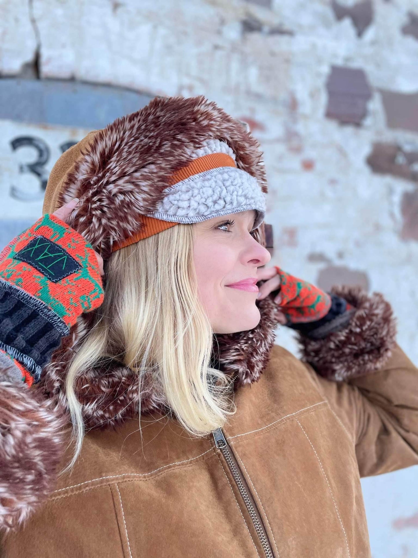 Green and orange reindeer sweater fingerless gloves