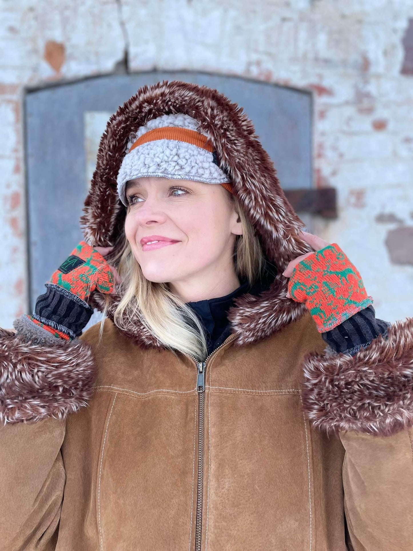Upcycled Fleece Sherpa jacket Cream and Orange JAX flapper