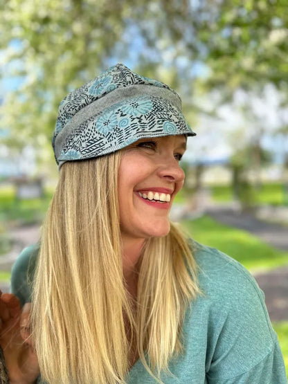 Retro blue daisy pants upcycled Newsboy cap onesize