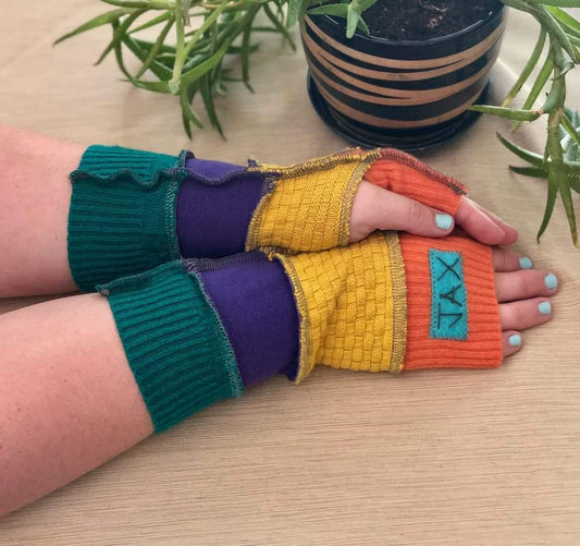 Upcycled fun mix sweaters Fingerless texting gloves