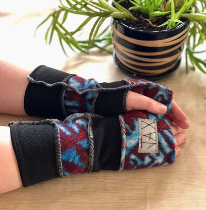Fleece teal aztec JAX Fingerless Gloves