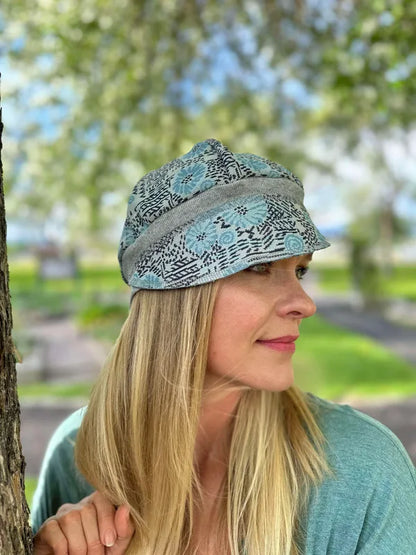 Retro blue daisy pants upcycled Newsboy cap onesize