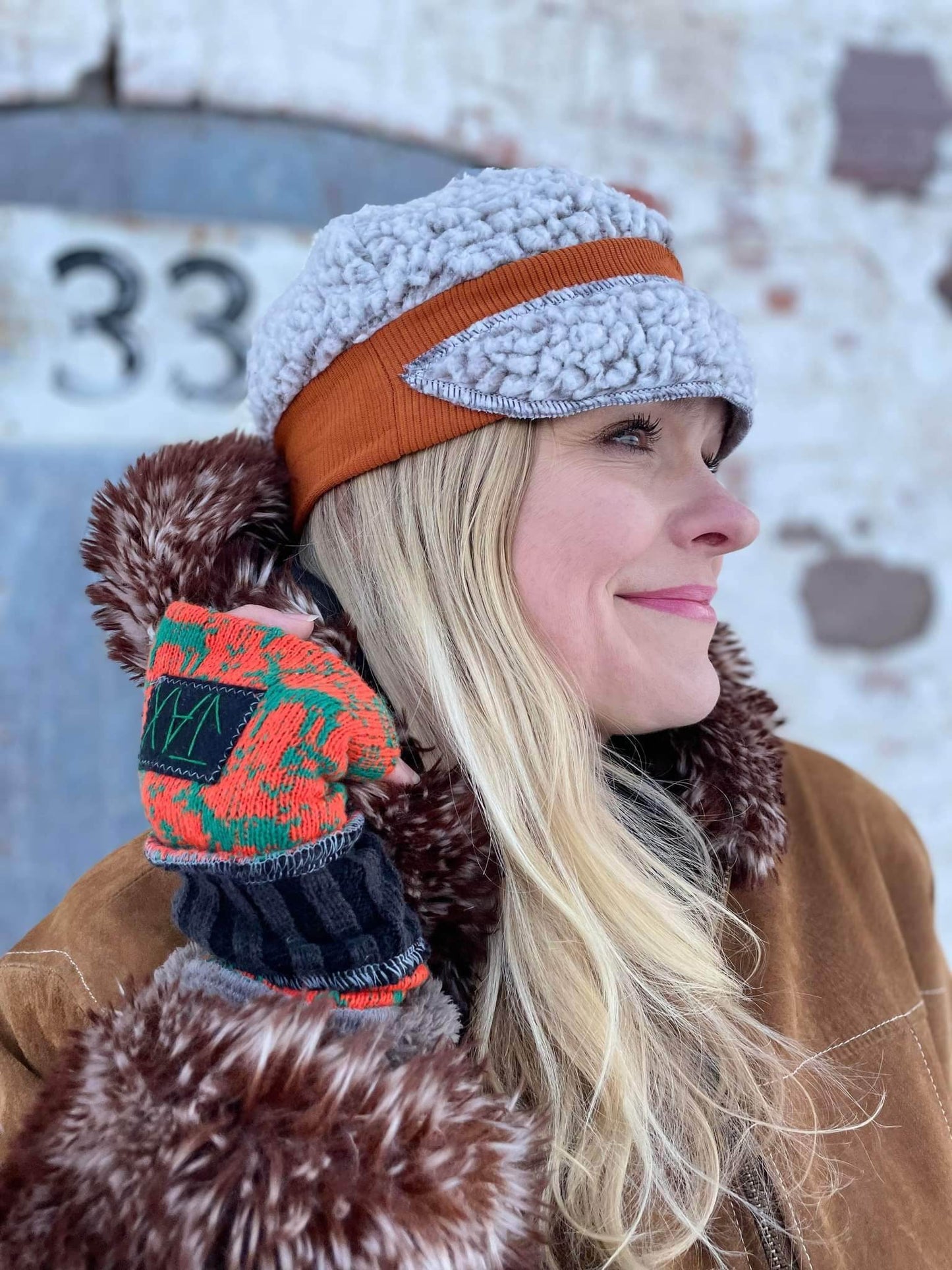 Green and orange reindeer sweater fingerless gloves