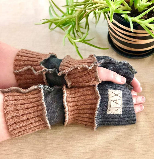 Upcycled grey and camel mix sweaters Fingerless texting gloves