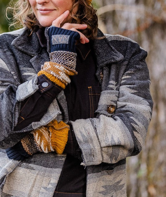 Upcycled mix Mustard and Navy sweaters Fingerless texting gloves