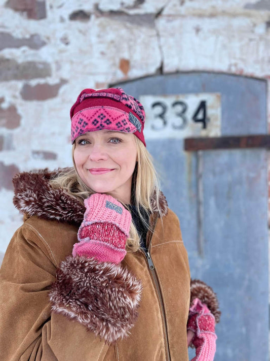 Pink sweater fingerless gloves