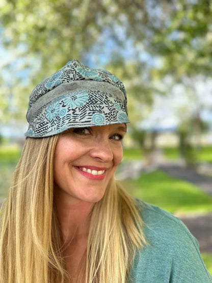 Retro blue daisy pants upcycled Newsboy cap onesize