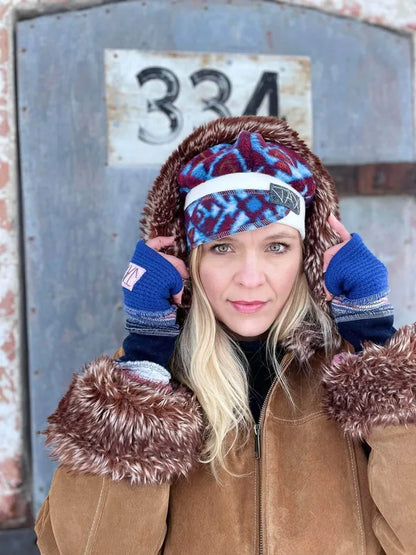 Blue with pink fingerless gloves