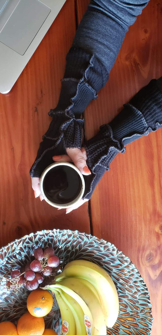 Upcycled Black solid mix sweaters Fingerless texting gloves