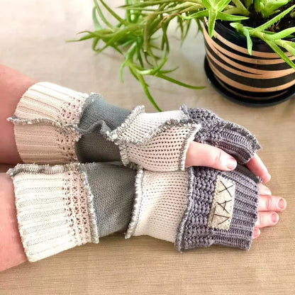 Upcycled Light grey and cream mix sweaters Fingerless texting gloves