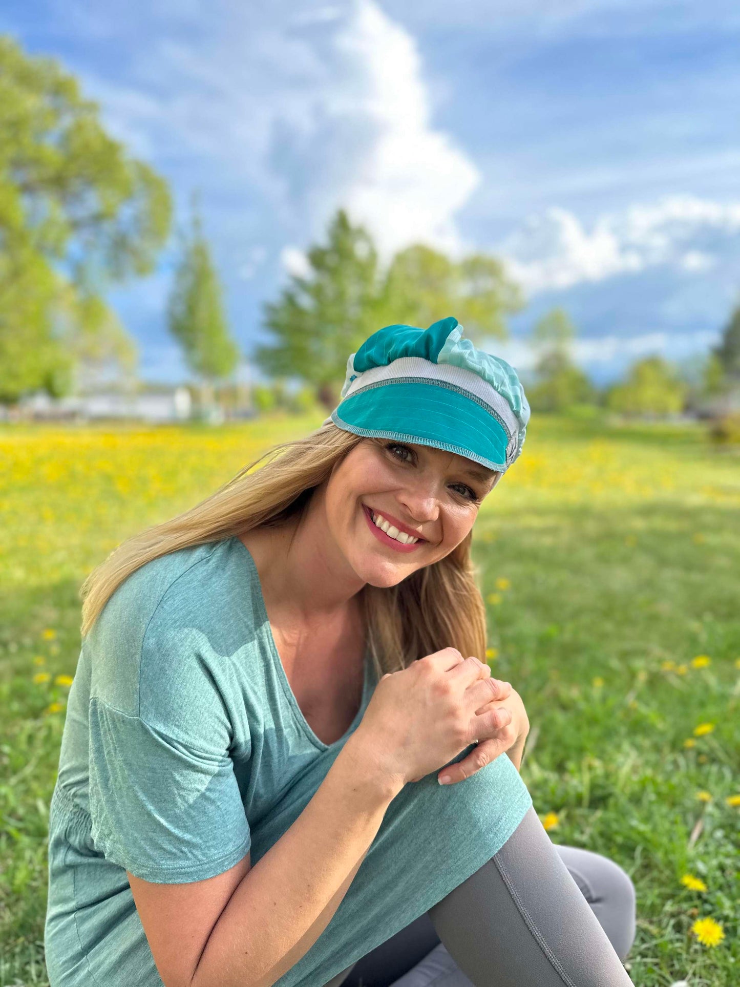 Teal little flower upcycled hat onesize