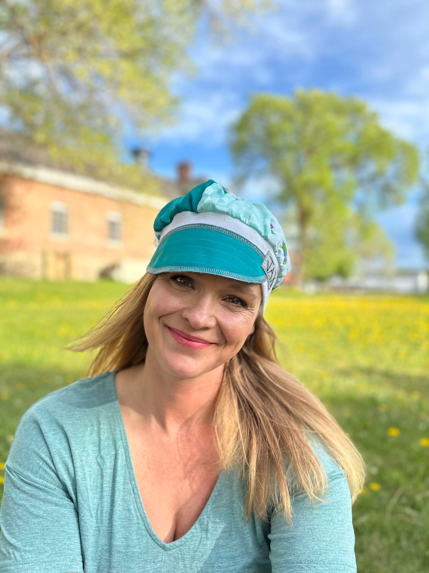 Teal little flower upcycled hat onesize