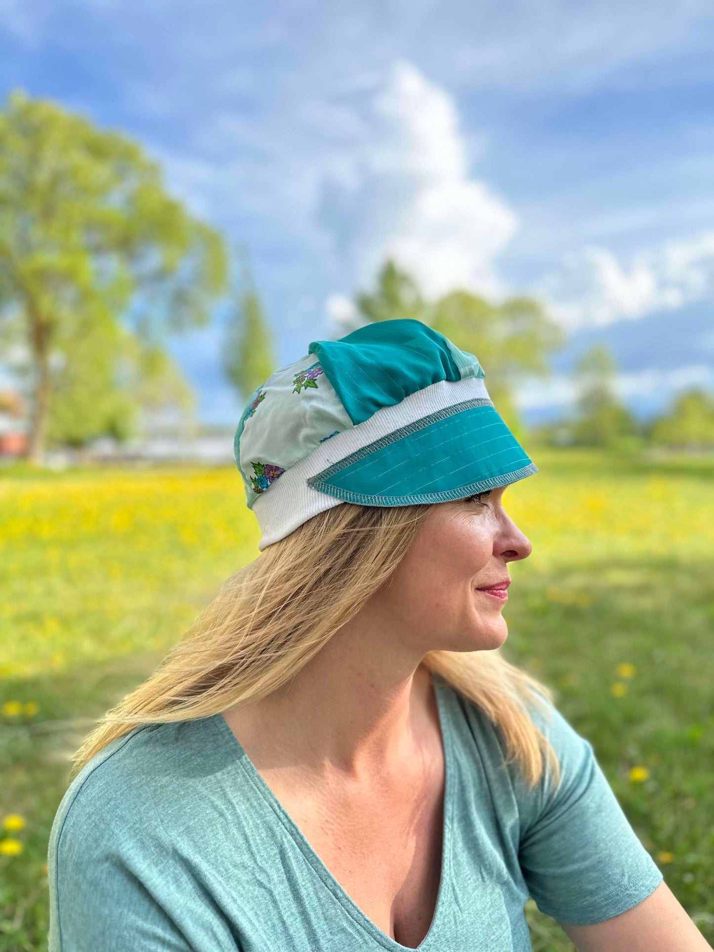 Teal little flower upcycled hat onesize