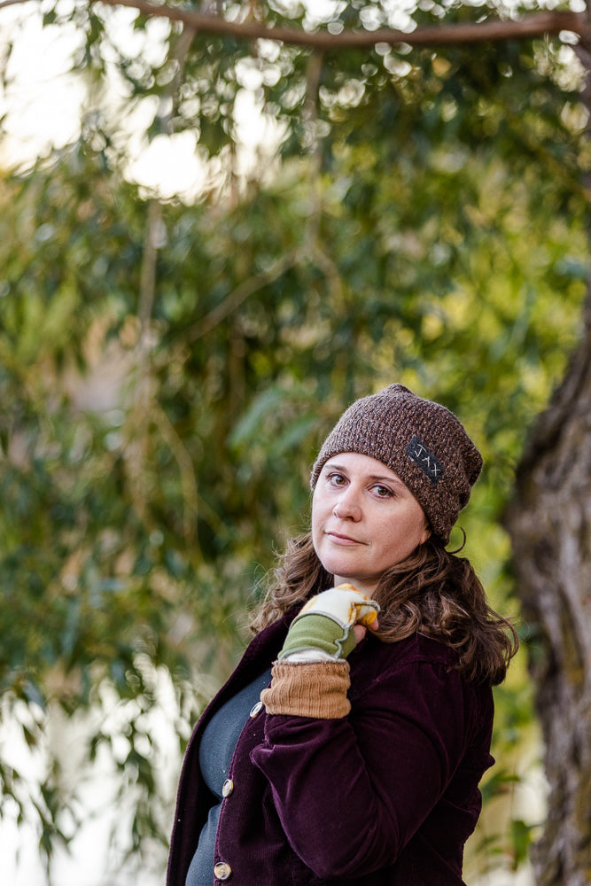 Upcycled soft caramel and green sweaters Fingerless texting gloves